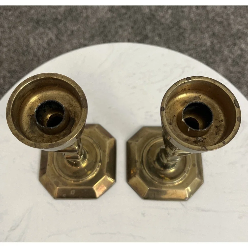 Vtg Solid Brass Candlestick Holders Pair Mantel Farmhouse Colonial Style Decor‎